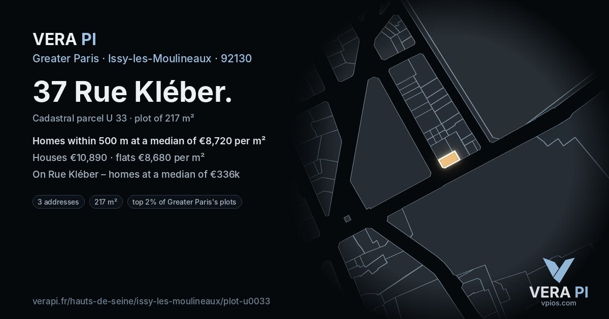 37 Rue Kléber, Issy-les-Moulineaux at night – the plot lit, the parcels around coloured by the prices near them