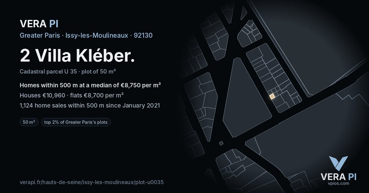 2 Villa Kléber, Issy-les-Moulineaux at night – the plot lit, the parcels around coloured by the prices near them