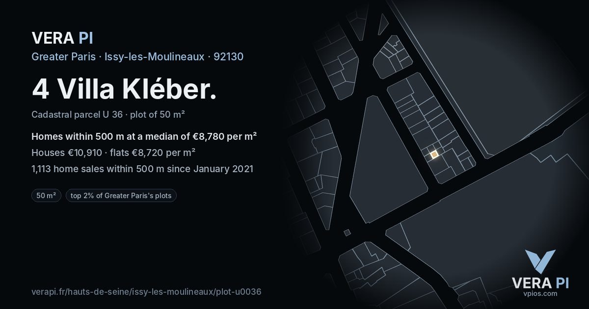 4 Villa Kléber, Issy-les-Moulineaux at night – the plot lit, the parcels around coloured by the prices near them