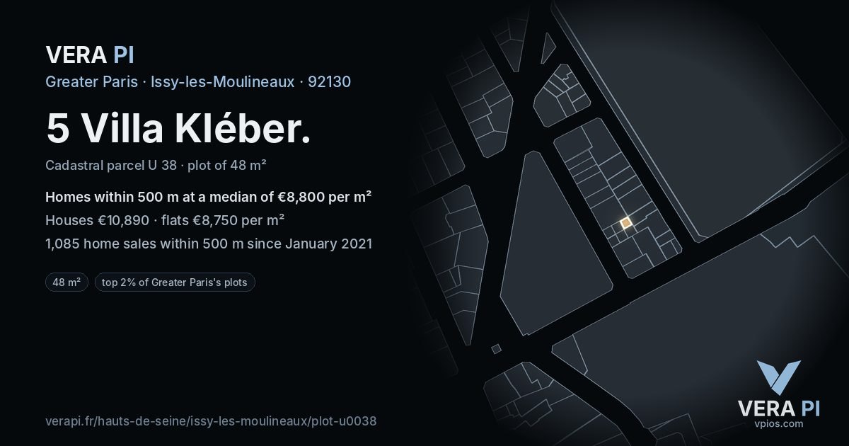 5 Villa Kléber, Issy-les-Moulineaux at night – the plot lit, the parcels around coloured by the prices near them