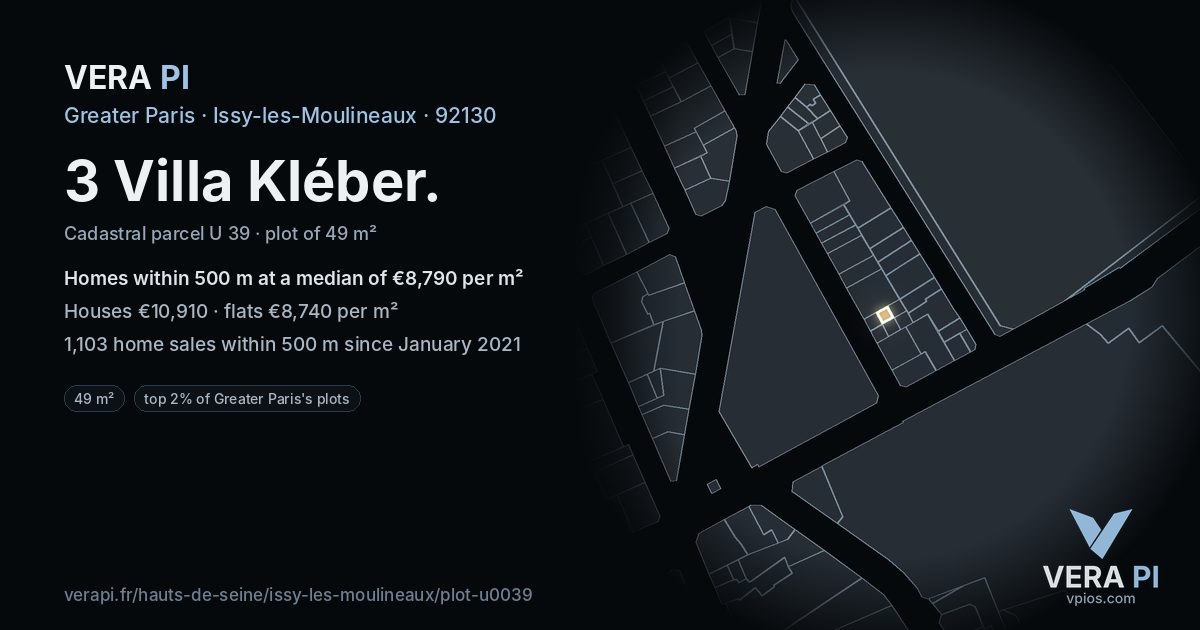 3 Villa Kléber, Issy-les-Moulineaux at night – the plot lit, the parcels around coloured by the prices near them