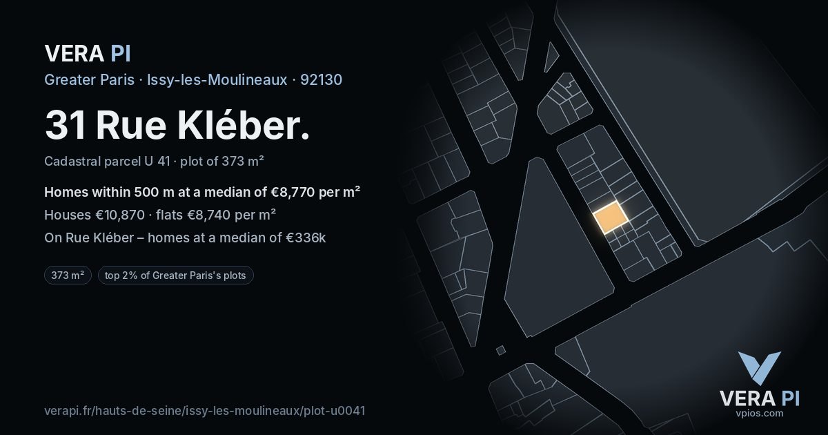 31 Rue Kléber, Issy-les-Moulineaux at night – the plot lit, the parcels around coloured by the prices near them