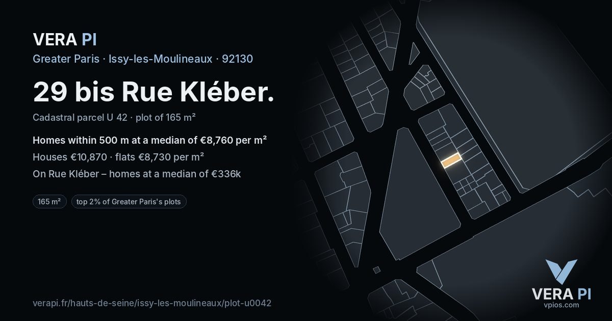29 bis Rue Kléber, Issy-les-Moulineaux at night – the plot lit, the parcels around coloured by the prices near them