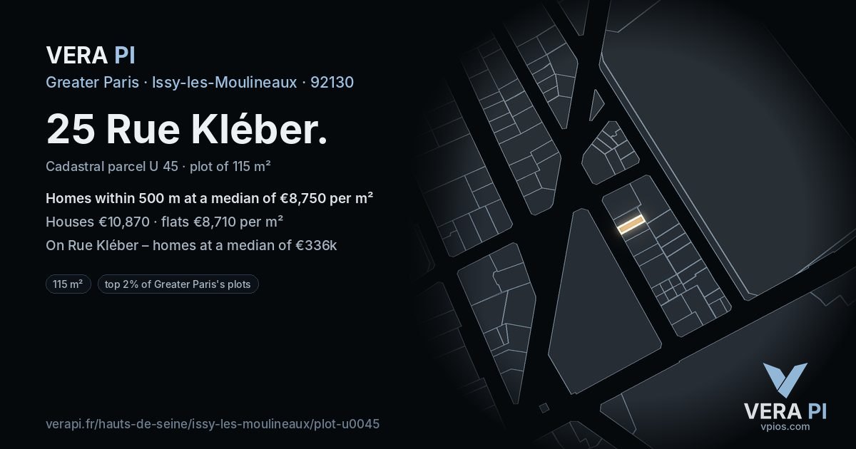 25 Rue Kléber, Issy-les-Moulineaux at night – the plot lit, the parcels around coloured by the prices near them