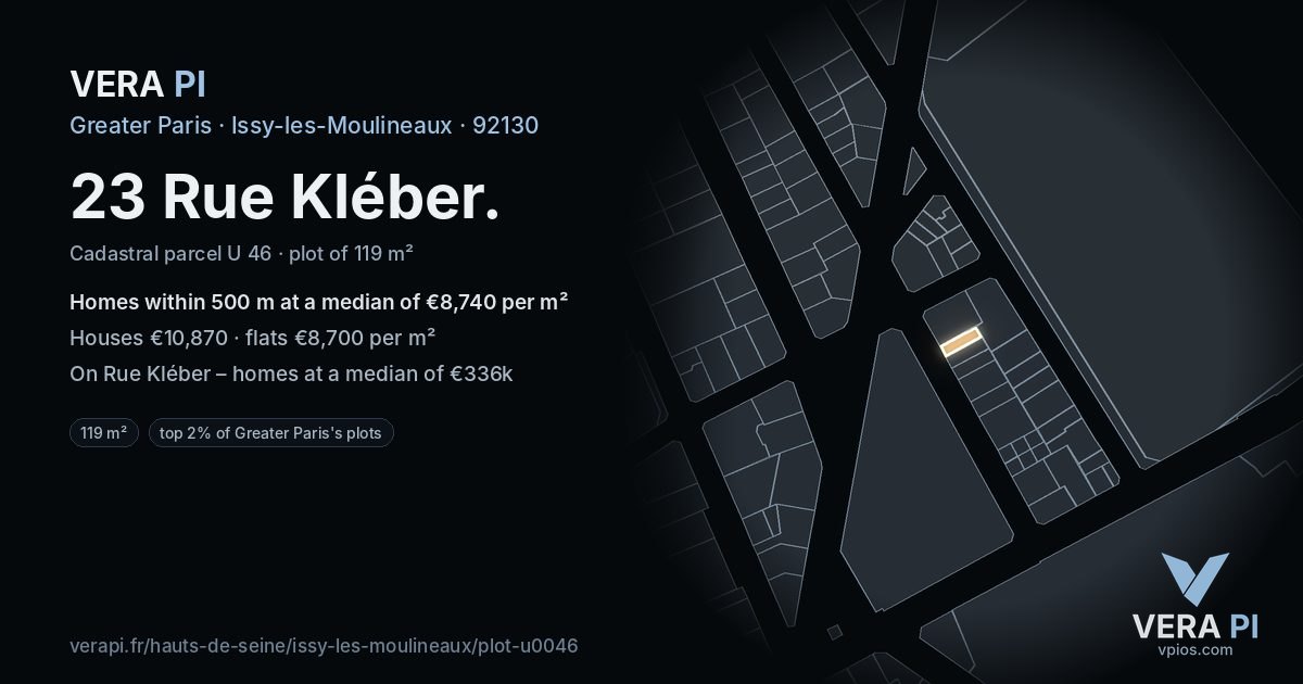 23 Rue Kléber, Issy-les-Moulineaux at night – the plot lit, the parcels around coloured by the prices near them