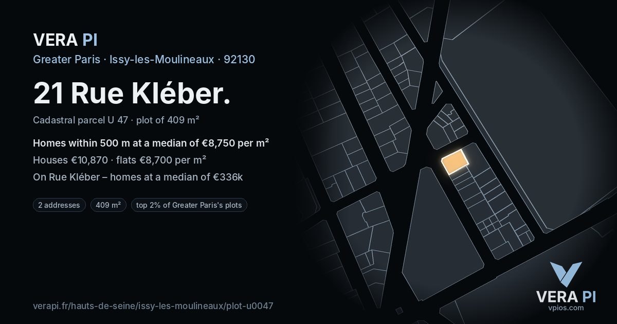 21 Rue Kléber, Issy-les-Moulineaux at night – the plot lit, the parcels around coloured by the prices near them