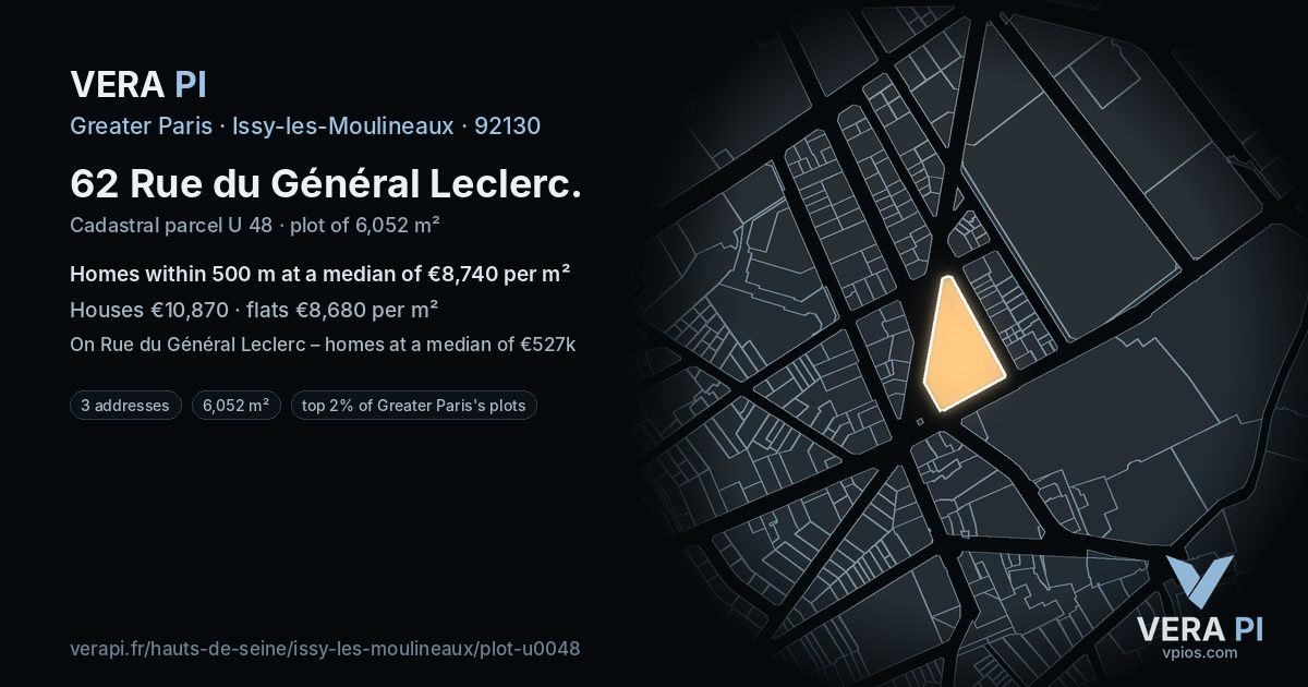 62 Rue du Général Leclerc, Issy-les-Moulineaux at night – the plot lit, the parcels around coloured by the prices near them