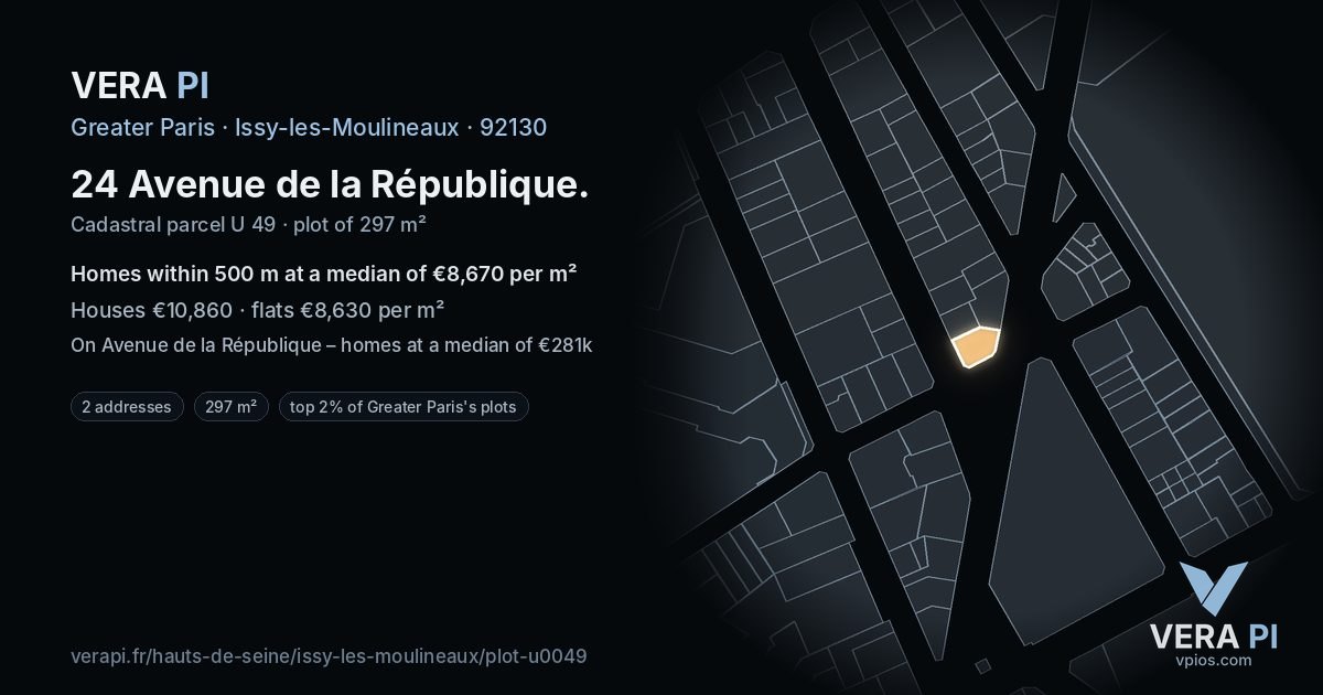 24 Avenue de la République, Issy-les-Moulineaux at night – the plot lit, the parcels around coloured by the prices near them