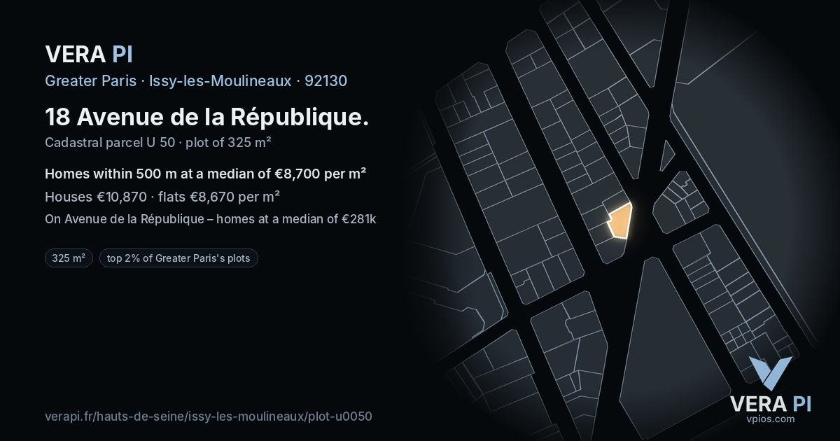 18 Avenue de la République, Issy-les-Moulineaux at night – the plot lit, the parcels around coloured by the prices near them