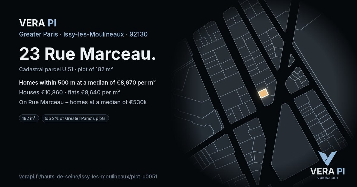 23 Rue Marceau, Issy-les-Moulineaux at night – the plot lit, the parcels around coloured by the prices near them