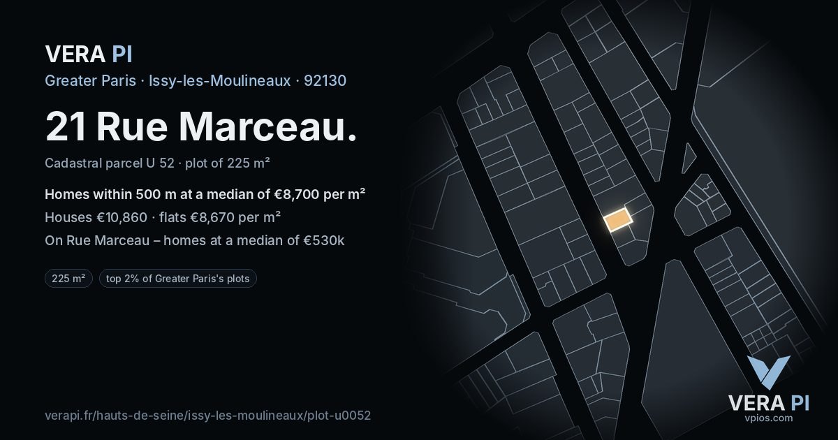 21 Rue Marceau, Issy-les-Moulineaux at night – the plot lit, the parcels around coloured by the prices near them