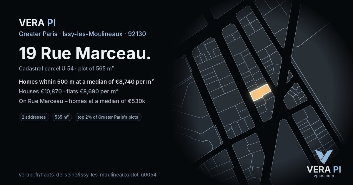 19 Rue Marceau, Issy-les-Moulineaux at night – the plot lit, the parcels around coloured by the prices near them