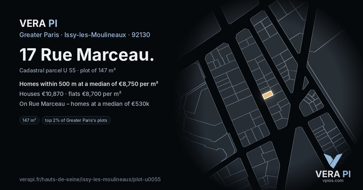 17 Rue Marceau, Issy-les-Moulineaux at night – the plot lit, the parcels around coloured by the prices near them