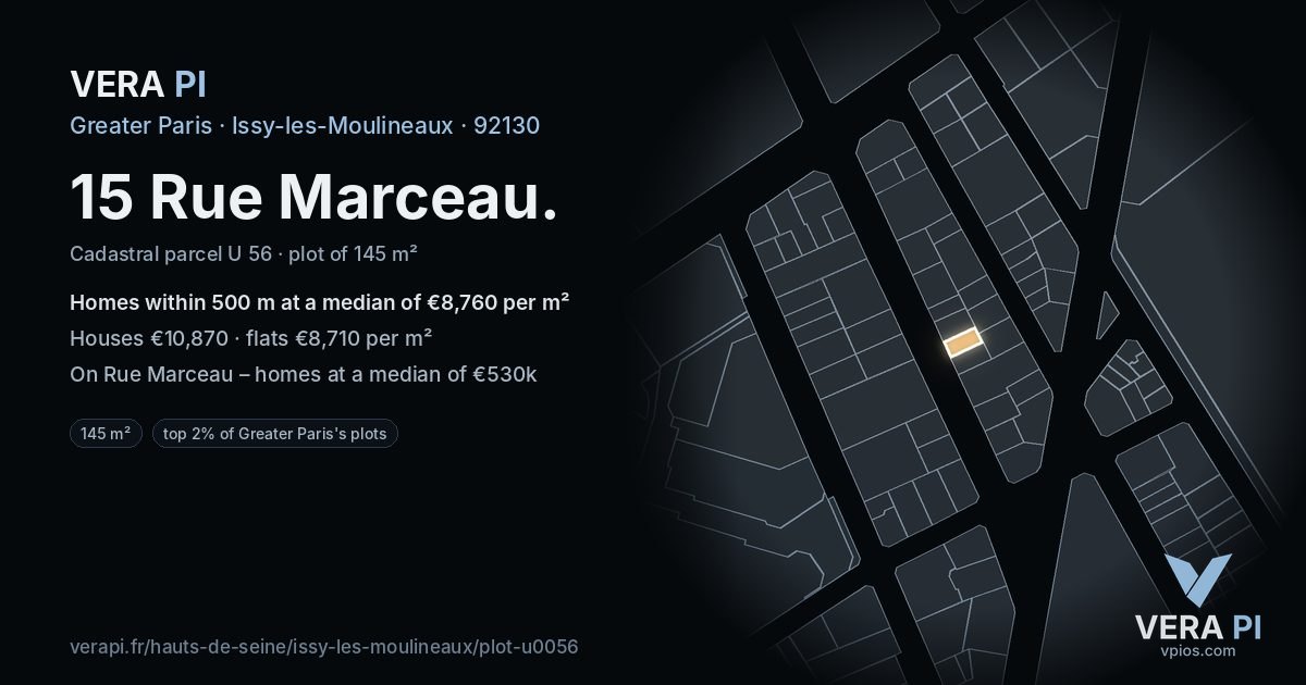 15 Rue Marceau, Issy-les-Moulineaux at night – the plot lit, the parcels around coloured by the prices near them