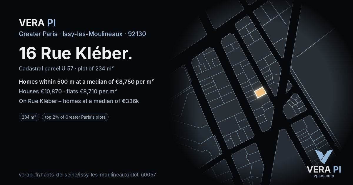 16 Rue Kléber, Issy-les-Moulineaux at night – the plot lit, the parcels around coloured by the prices near them