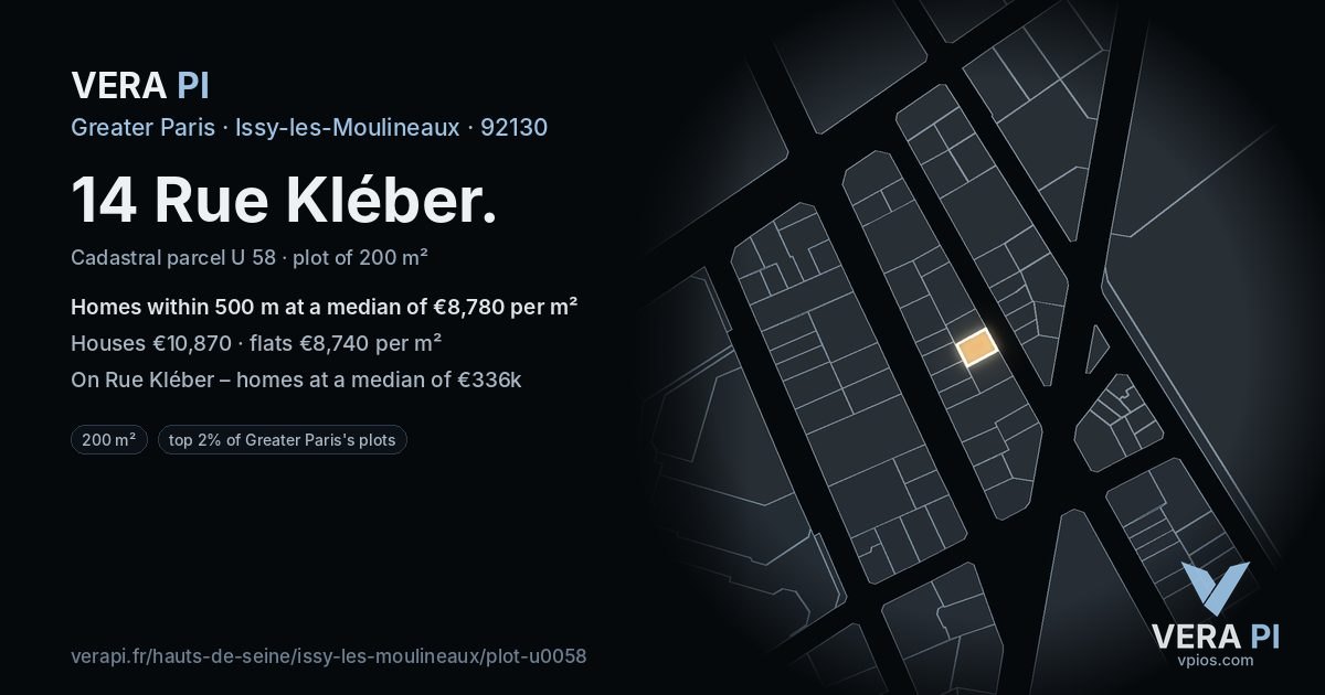 14 Rue Kléber, Issy-les-Moulineaux at night – the plot lit, the parcels around coloured by the prices near them