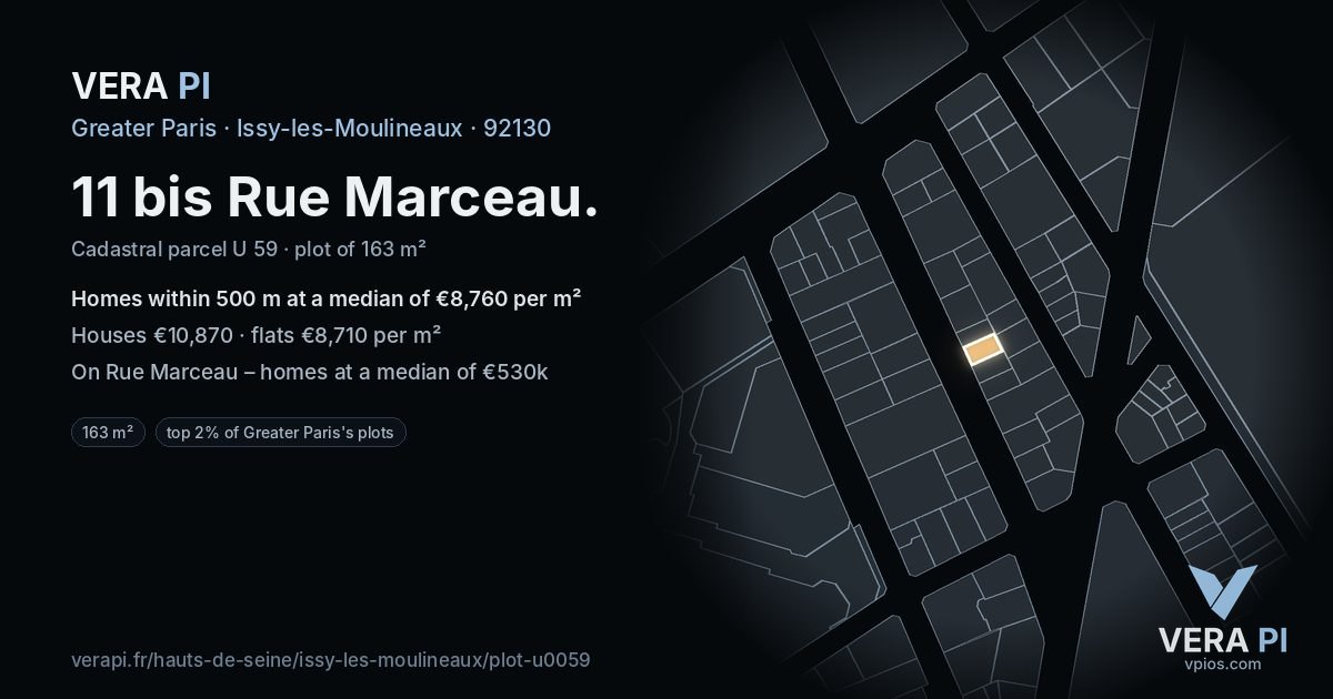 11 bis Rue Marceau, Issy-les-Moulineaux at night – the plot lit, the parcels around coloured by the prices near them