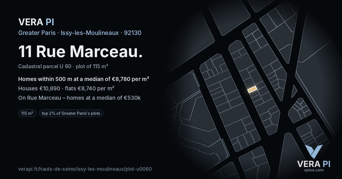 11 Rue Marceau, Issy-les-Moulineaux at night – the plot lit, the parcels around coloured by the prices near them