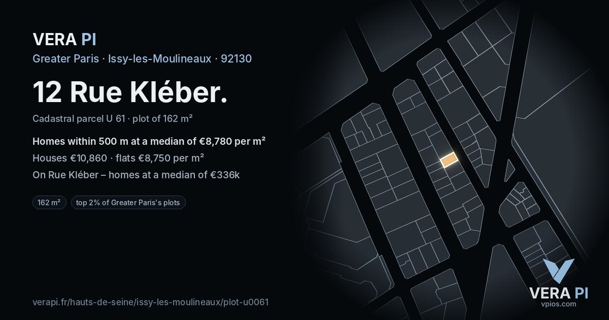 12 Rue Kléber, Issy-les-Moulineaux at night – the plot lit, the parcels around coloured by the prices near them