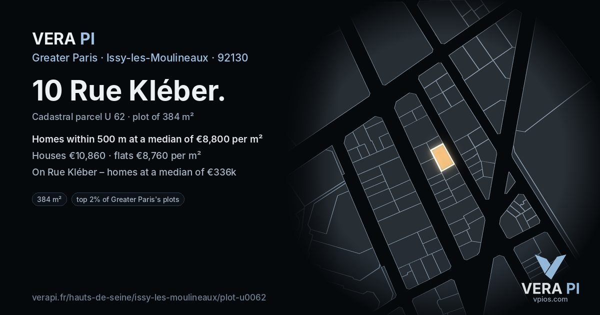10 Rue Kléber, Issy-les-Moulineaux at night – the plot lit, the parcels around coloured by the prices near them