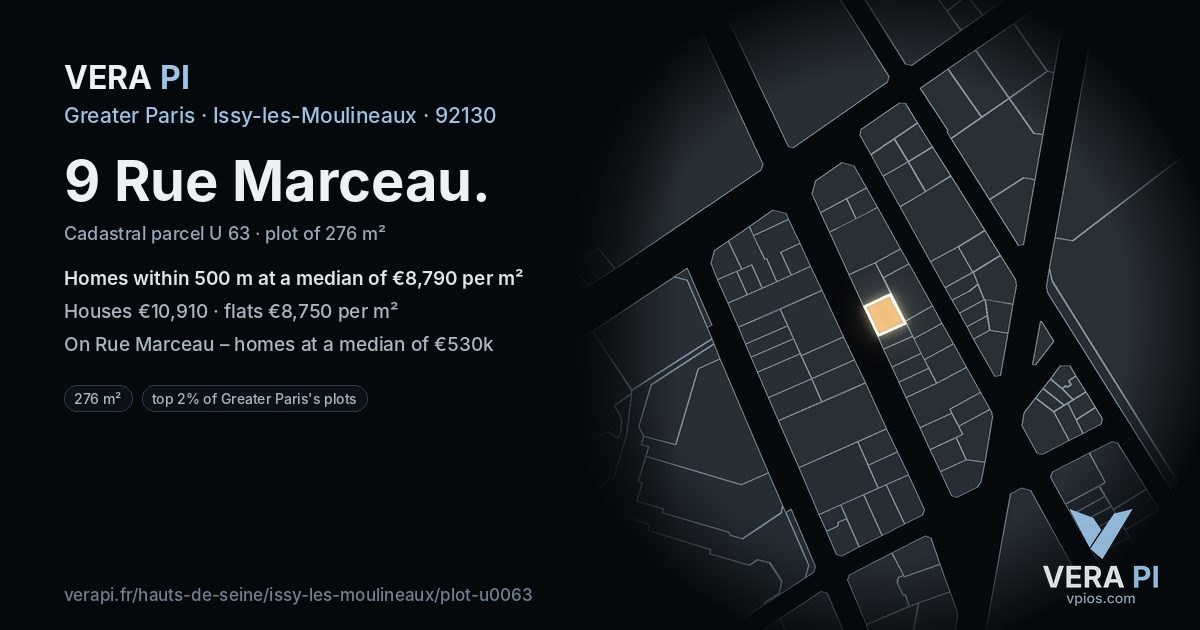 9 Rue Marceau, Issy-les-Moulineaux at night – the plot lit, the parcels around coloured by the prices near them