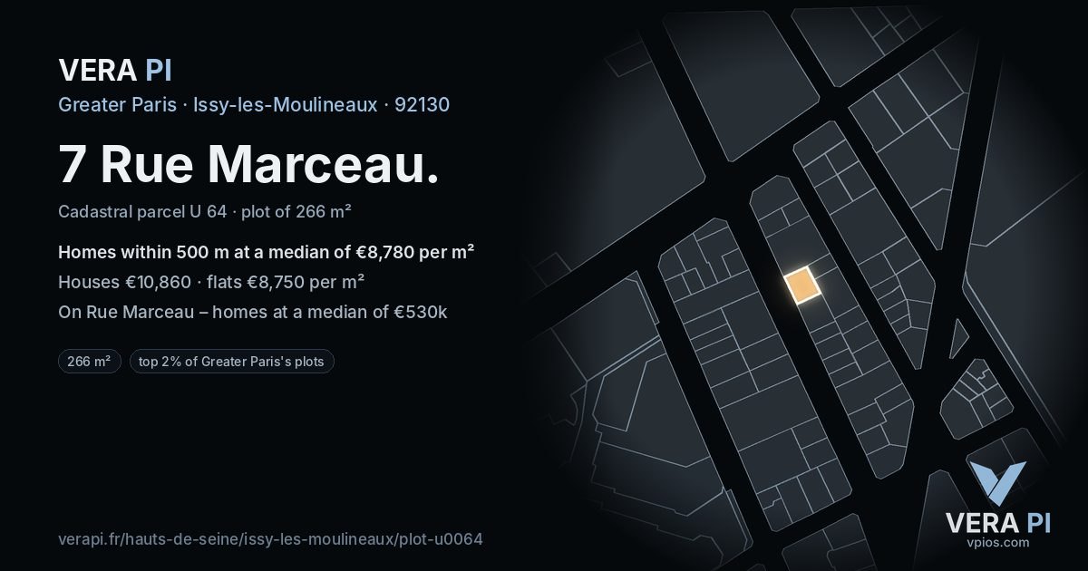 7 Rue Marceau, Issy-les-Moulineaux at night – the plot lit, the parcels around coloured by the prices near them
