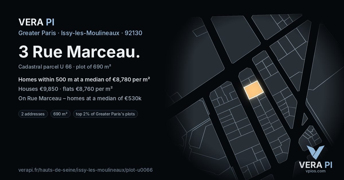 3 Rue Marceau, Issy-les-Moulineaux at night – the plot lit, the parcels around coloured by the prices near them
