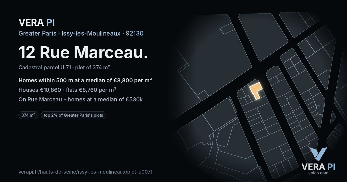 12 Rue Marceau, Issy-les-Moulineaux at night – the plot lit, the parcels around coloured by the prices near them