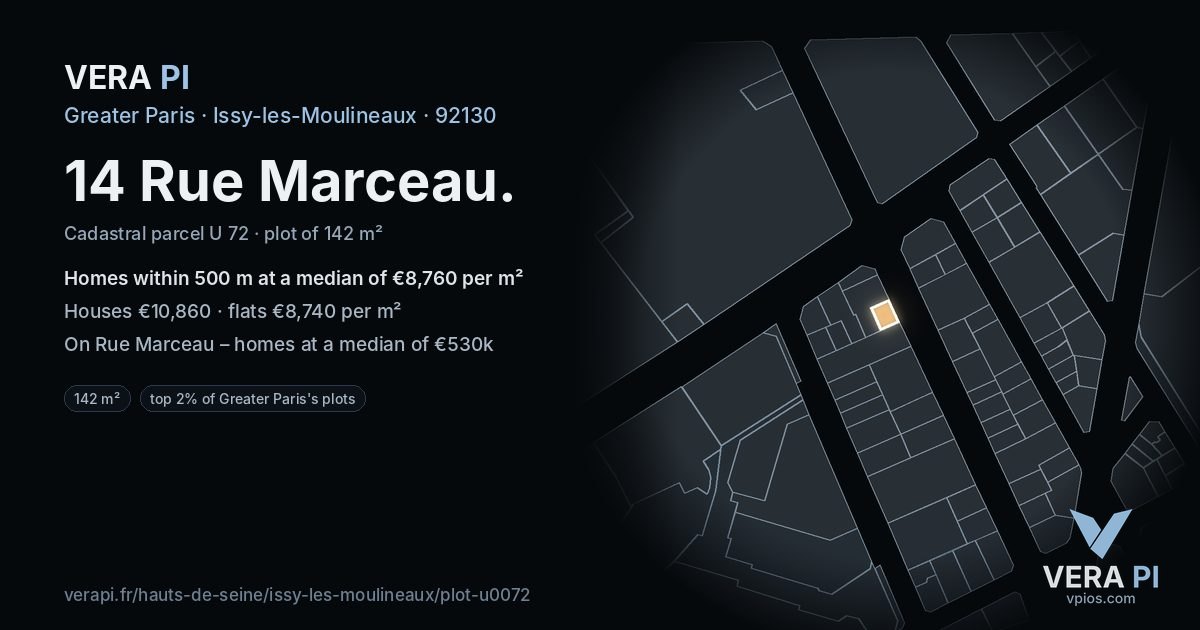 14 Rue Marceau, Issy-les-Moulineaux at night – the plot lit, the parcels around coloured by the prices near them