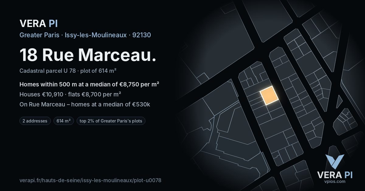 18 Rue Marceau, Issy-les-Moulineaux at night – the plot lit, the parcels around coloured by the prices near them