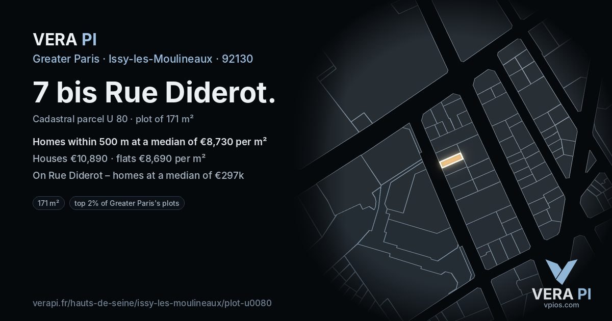 7 bis Rue Diderot, Issy-les-Moulineaux at night – the plot lit, the parcels around coloured by the prices near them
