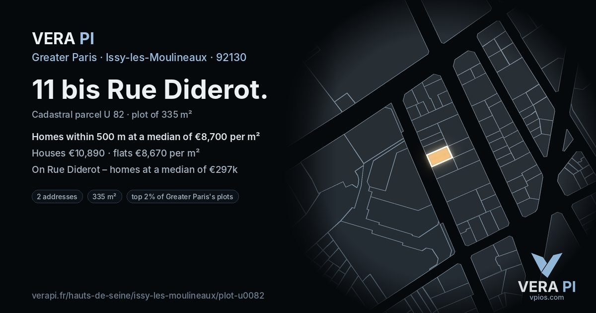 11 bis Rue Diderot, Issy-les-Moulineaux at night – the plot lit, the parcels around coloured by the prices near them