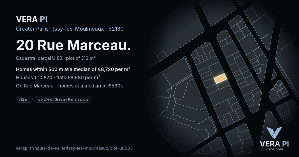 20 Rue Marceau, Issy-les-Moulineaux at night – the plot lit, the parcels around coloured by the prices near them