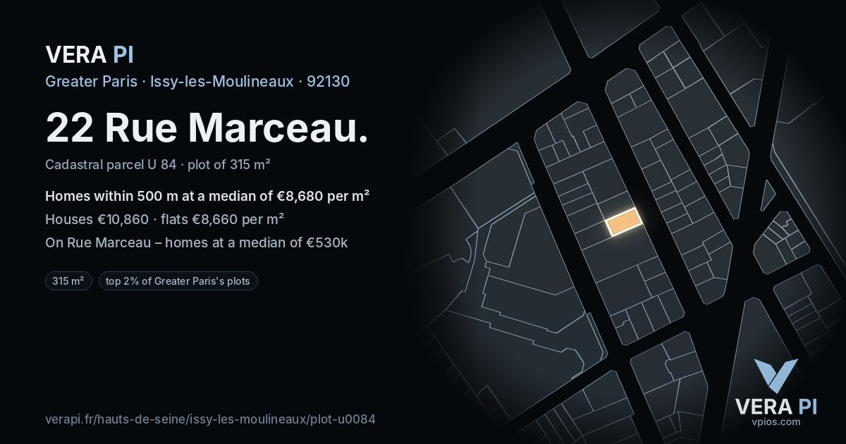 22 Rue Marceau, Issy-les-Moulineaux at night – the plot lit, the parcels around coloured by the prices near them