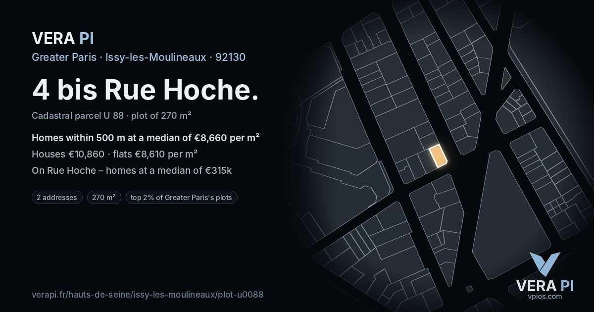 4 bis Rue Hoche, Issy-les-Moulineaux at night – the plot lit, the parcels around coloured by the prices near them