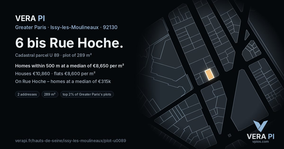 6 bis Rue Hoche, Issy-les-Moulineaux at night – the plot lit, the parcels around coloured by the prices near them