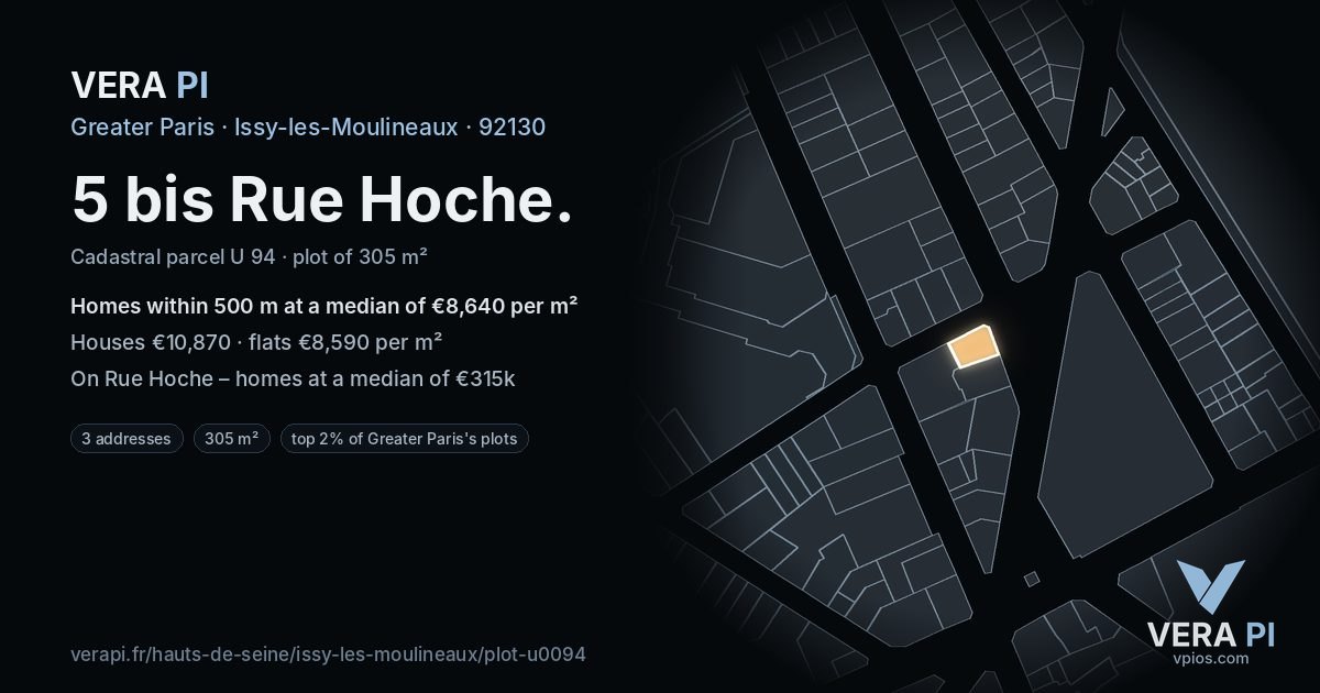 5 bis Rue Hoche, Issy-les-Moulineaux at night – the plot lit, the parcels around coloured by the prices near them