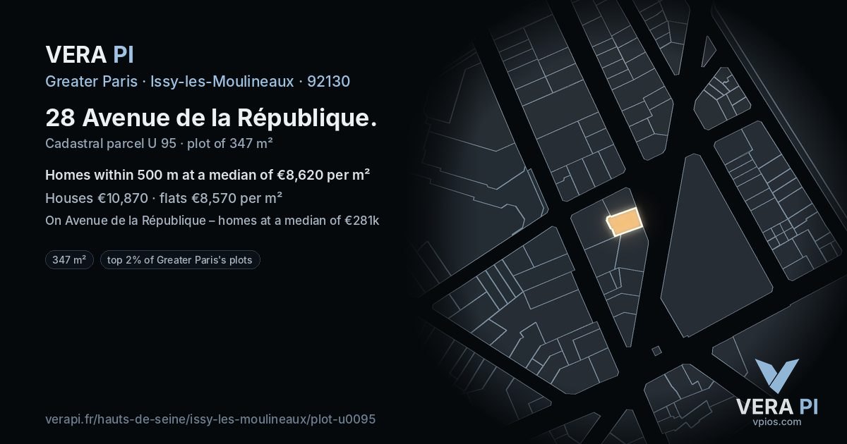 28 Avenue de la République, Issy-les-Moulineaux at night – the plot lit, the parcels around coloured by the prices near them