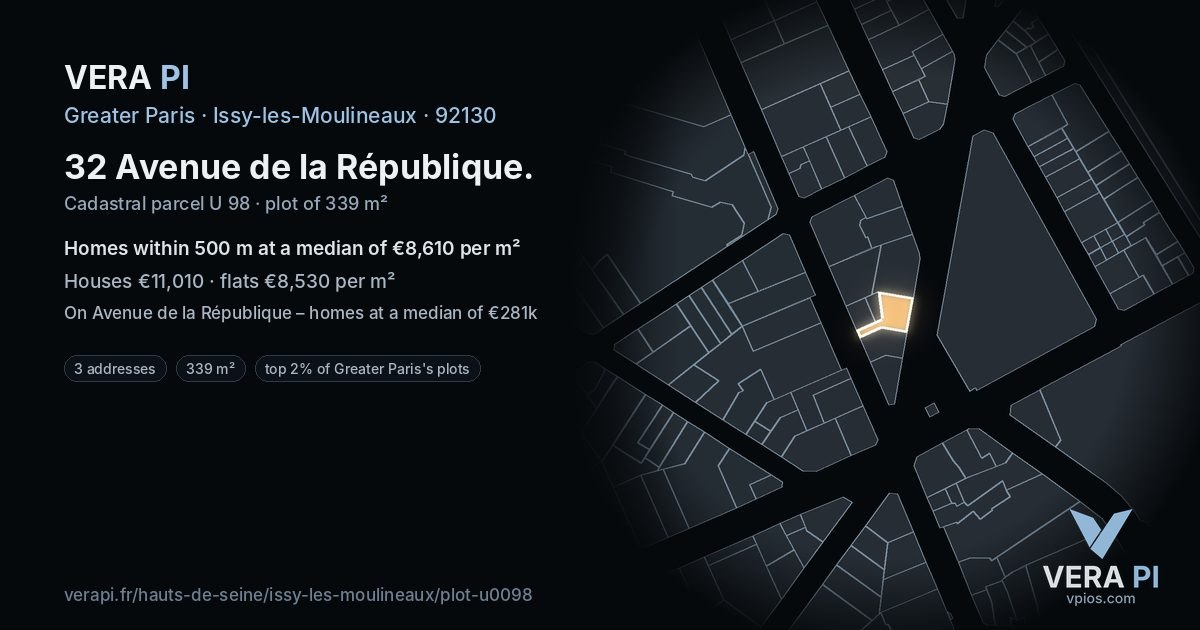 32 Avenue de la République, Issy-les-Moulineaux at night – the plot lit, the parcels around coloured by the prices near them