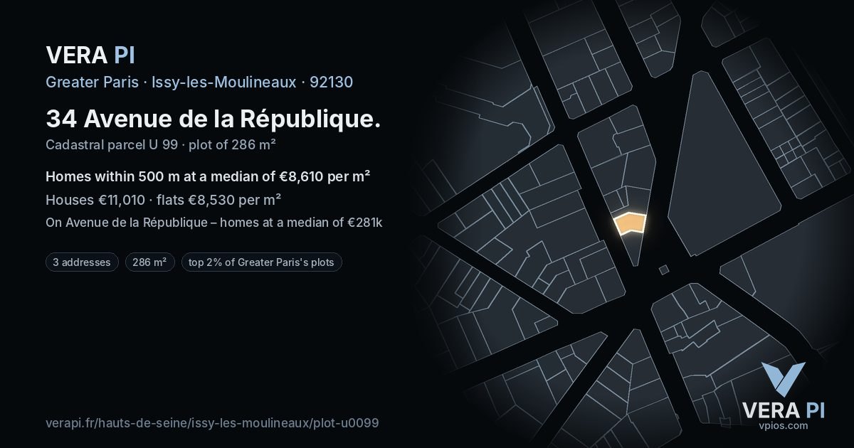 34 Avenue de la République, Issy-les-Moulineaux at night – the plot lit, the parcels around coloured by the prices near them