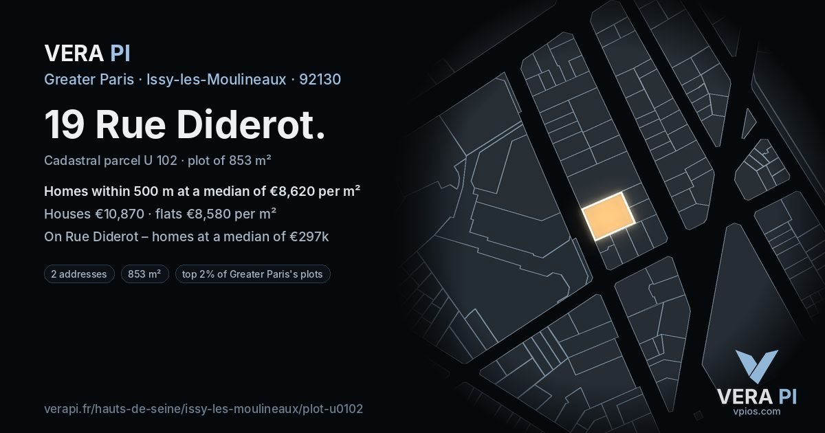 19 Rue Diderot, Issy-les-Moulineaux at night – the plot lit, the parcels around coloured by the prices near them