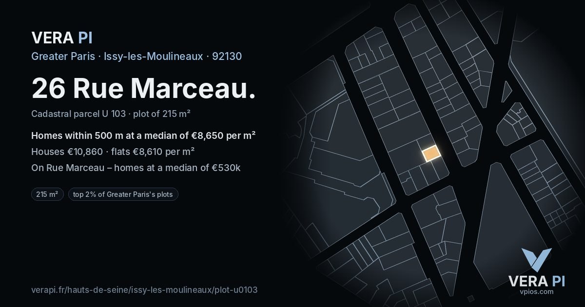 26 Rue Marceau, Issy-les-Moulineaux at night – the plot lit, the parcels around coloured by the prices near them