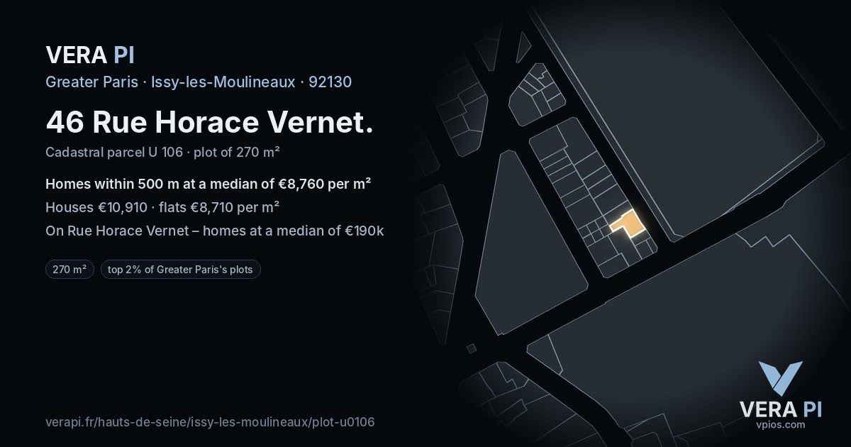 46 Rue Horace Vernet, Issy-les-Moulineaux at night – the plot lit, the parcels around coloured by the prices near them