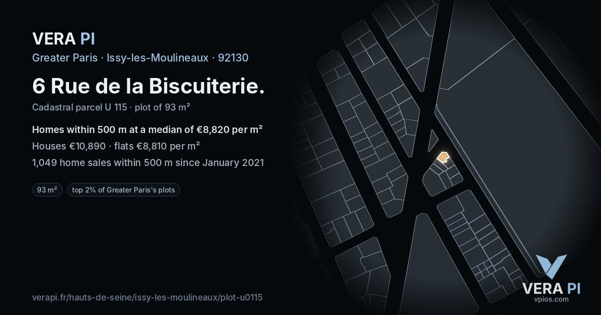 6 Rue de la Biscuiterie, Issy-les-Moulineaux at night – the plot lit, the parcels around coloured by the prices near them