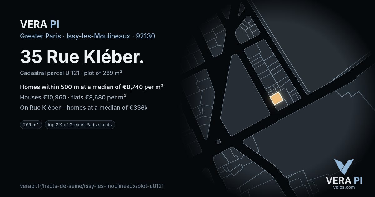 35 Rue Kléber, Issy-les-Moulineaux at night – the plot lit, the parcels around coloured by the prices near them