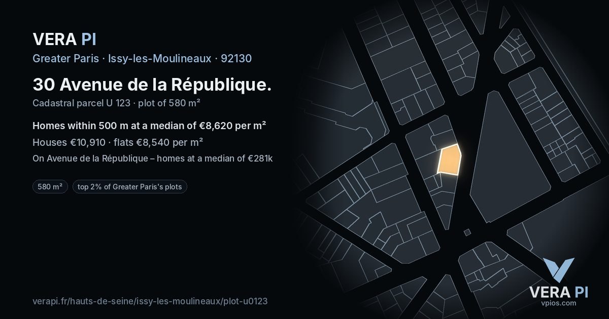 30 Avenue de la République, Issy-les-Moulineaux at night – the plot lit, the parcels around coloured by the prices near them