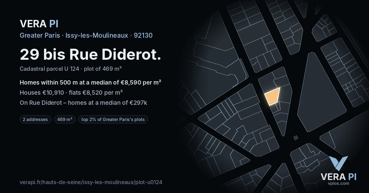 29 bis Rue Diderot, Issy-les-Moulineaux at night – the plot lit, the parcels around coloured by the prices near them