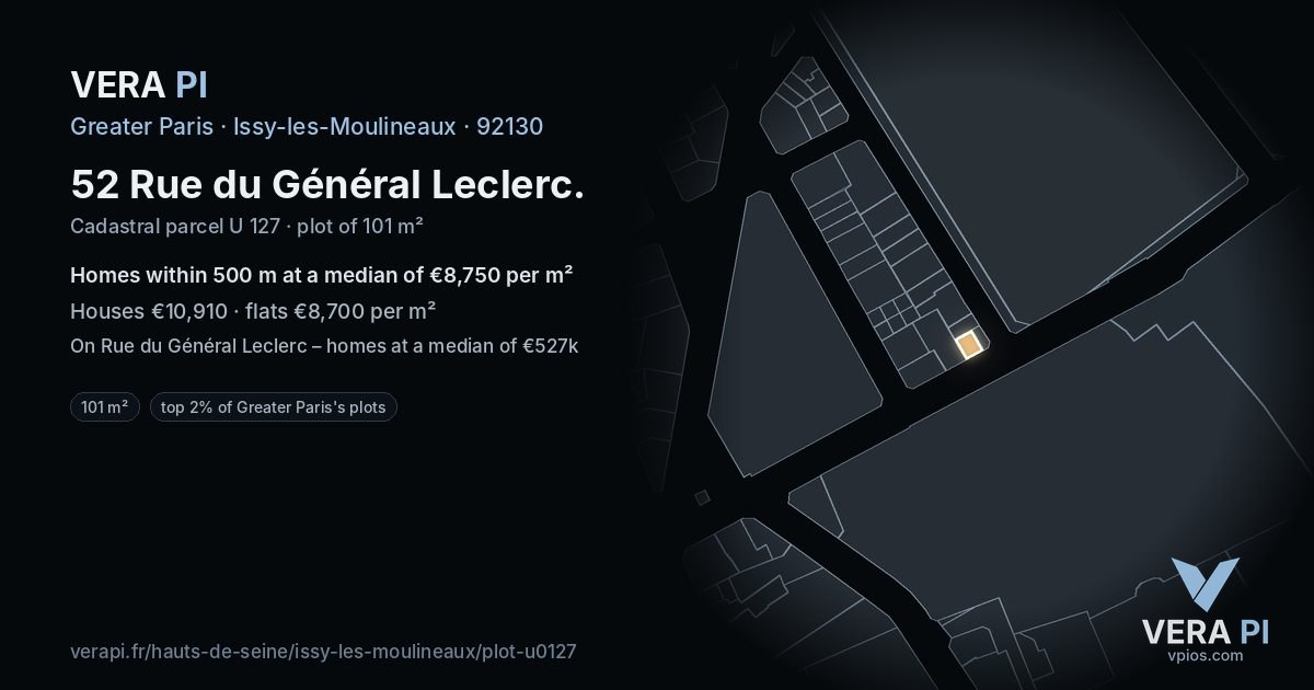 52 Rue du Général Leclerc, Issy-les-Moulineaux at night – the plot lit, the parcels around coloured by the prices near them