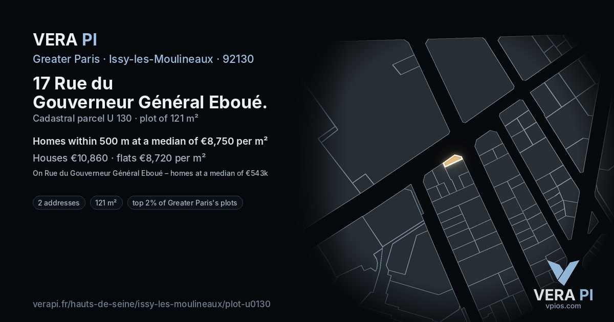 17 Rue du Gouverneur Général Eboué, Issy-les-Moulineaux at night – the plot lit, the parcels around coloured by the prices near them