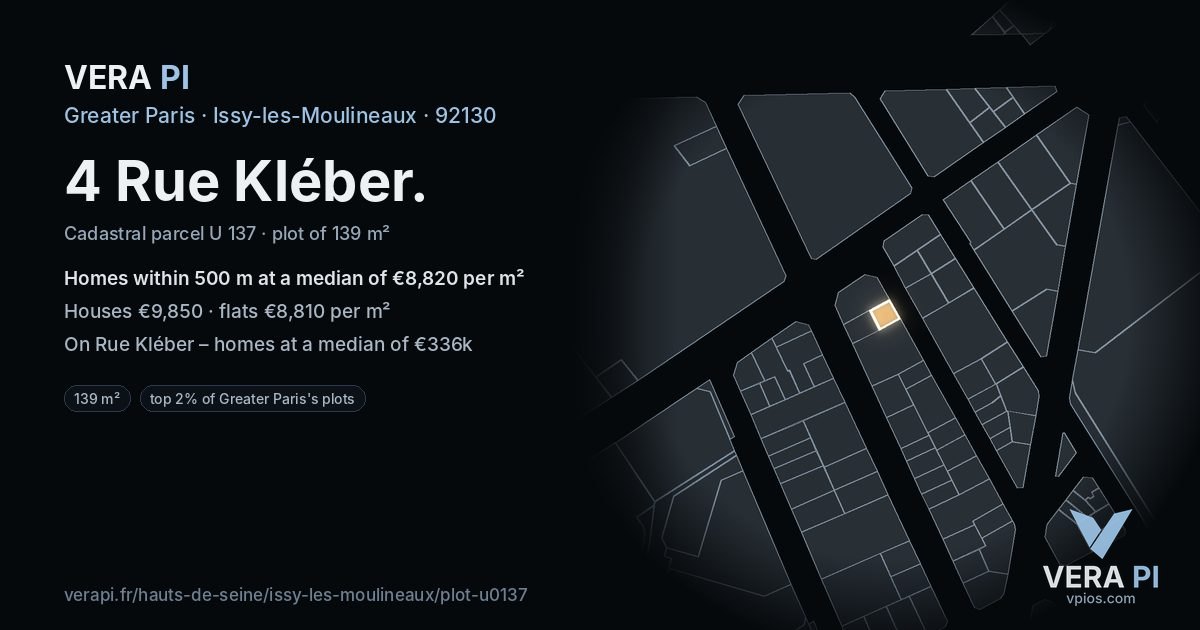 4 Rue Kléber, Issy-les-Moulineaux at night – the plot lit, the parcels around coloured by the prices near them
